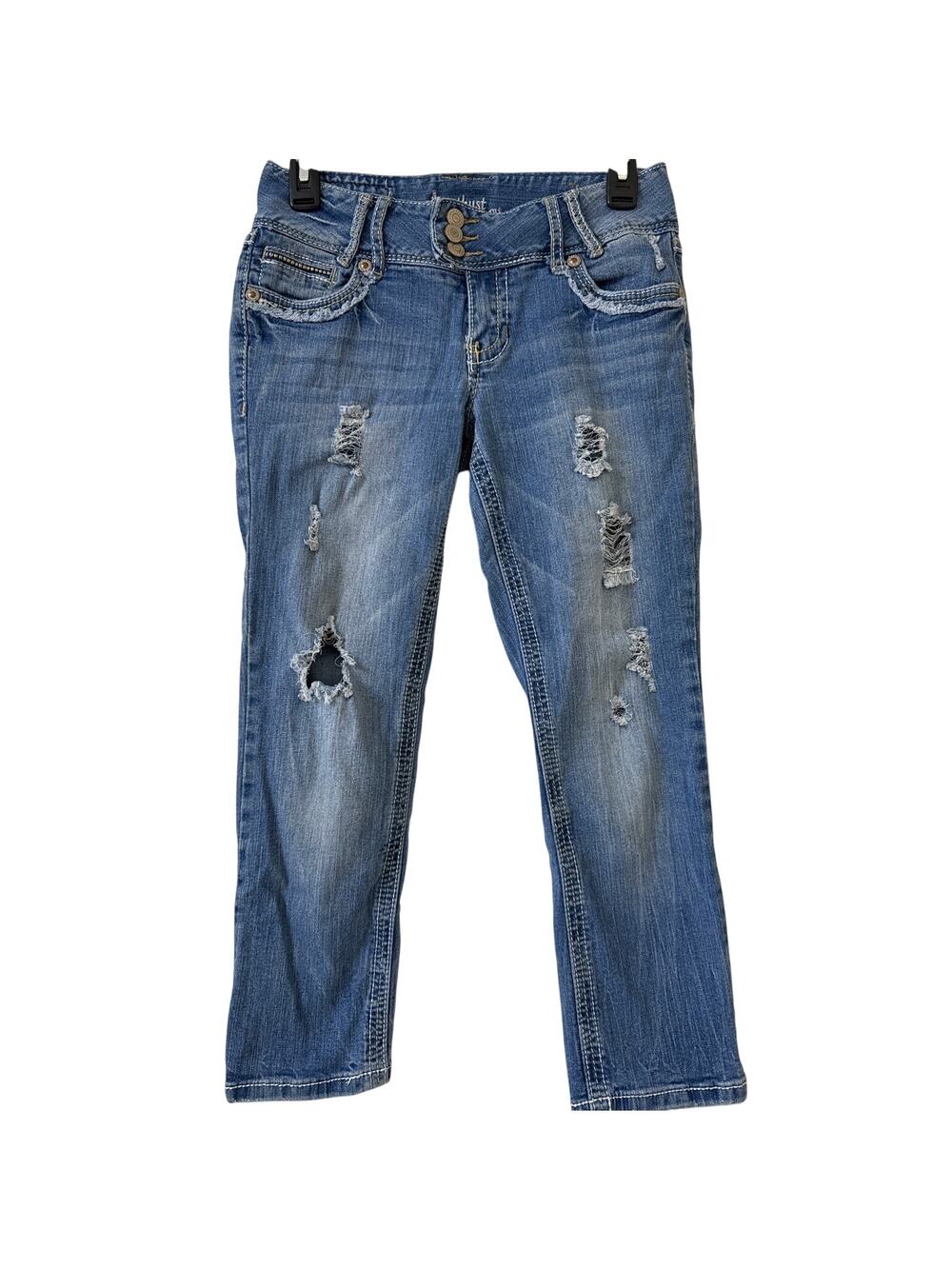 Amethyst Jeans, Bethany Capris Cropped Size 5 Distressed Envelope Button Pockets